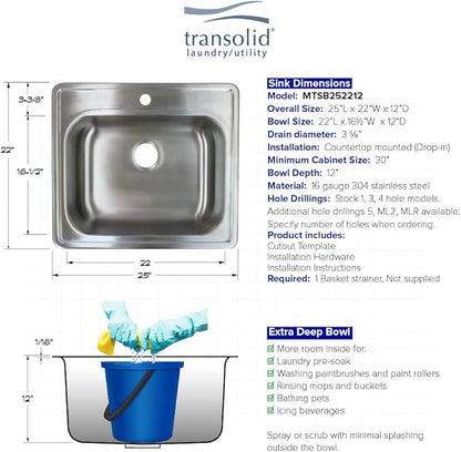 Transolid MTSB252212-1 Meridian Stainless Steel 25-in x 22-in x 12-in Laundry/Utility Sink with 1-Hole in Brushed Finish