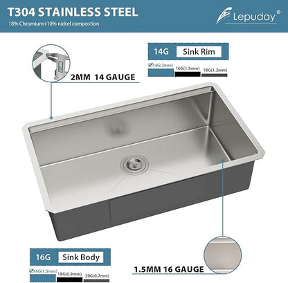 Undermount Kitchen Sink 33 ×19 x9 Inch Stainless Steel Workstation Sinks 16 Gauge Single Bowl 9'' Deep Handmade Basin with Accessories