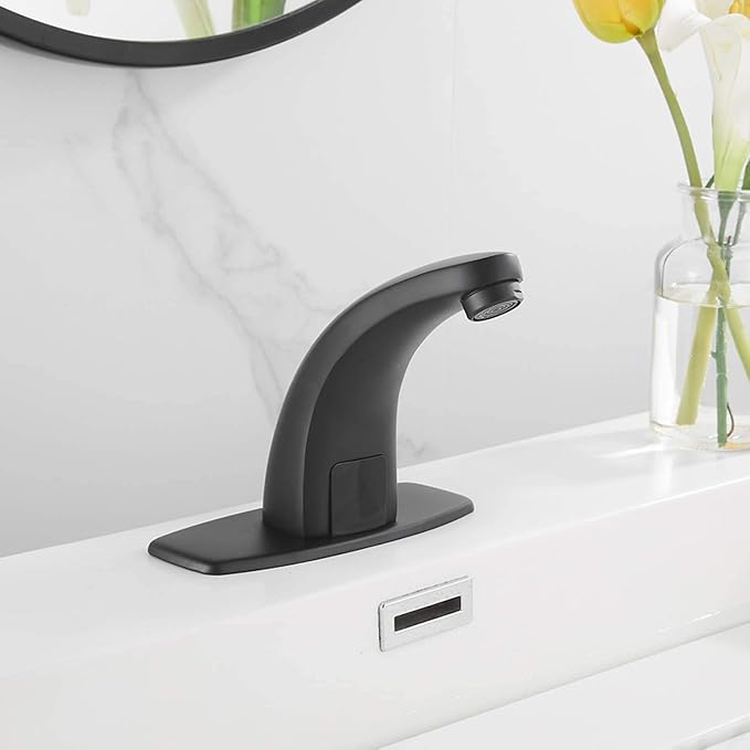Touchless Bathroom Faucet Black Dual Powered Automatic Faucet Auto Sensor Motion for Bath Tub Lavatory Vanity Sink One Hole Handsfree Battery or Plug to Choose