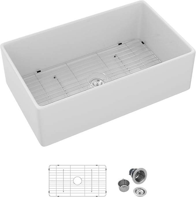 White Farmhouse Sink 33 Inch Fireclay Apron Front Farm Sinks Drop In Undermount Large Deep Farm Country Style Single Bowl Farm Sinks with Luxury Accessory, 33"x20"x10"