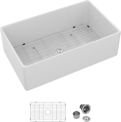 White Farmhouse Sink 33 Inch Fireclay Apron Front Farm Sinks Drop In Undermount Large Deep Farm Country Style Single Bowl Farm Sinks with Luxury Accessory, 33"x20"x10"