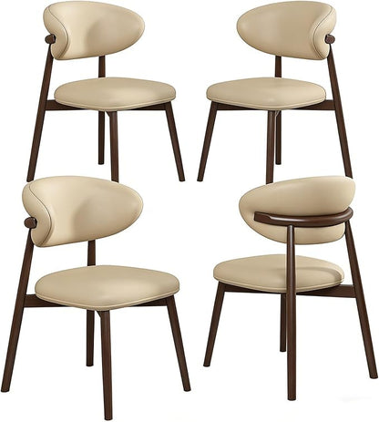 Walnut Dining Chairs Set of 4, Modern Farmhouse Decor Kitchen Island Chairs with Rubber Wood Frame Leather Cushion, Upholstered Wooden Dinner Chair for Living Room Dinning, Khaki