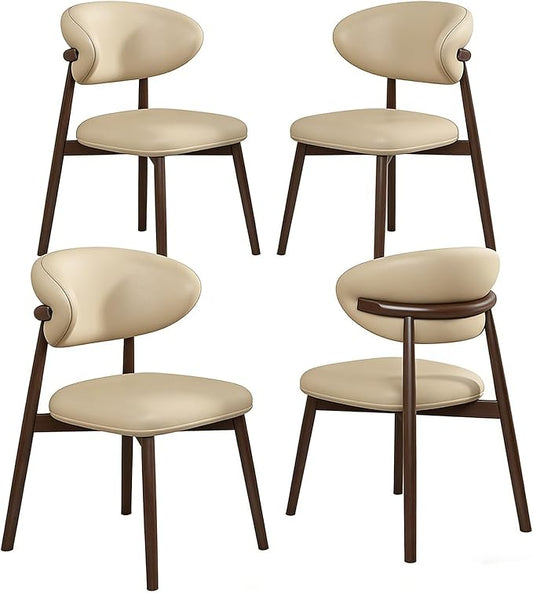 Walnut Dining Chairs Set of 4, Modern Farmhouse Decor Kitchen Island Chairs with Rubber Wood Frame Leather Cushion, Upholstered Wooden Dinner Chair for Living Room Dinning, Khaki