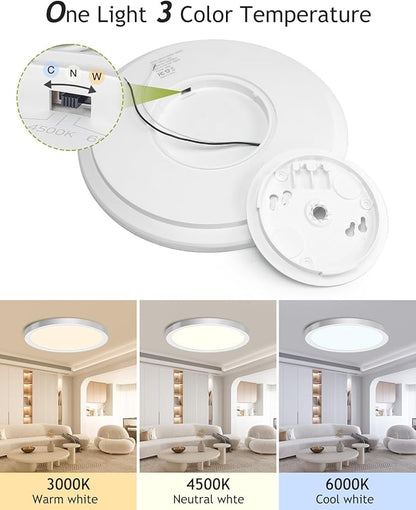 hepside 1PACK Flush Mount LED Ceiling Light Fixture Brushed Nickel, 12Inch 28W, Dimmable 3000K-4500K-6000K 3 Color Selectable Ceiling Lamp 3200LM Low Profile Ceiling Light for Kitchen Bedroom Hallway