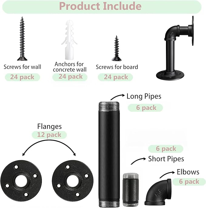 Industrial L Pipe Shelf Brackets for 8-16 in Depth Wood,Heavy-Duty 3/4" Iron,Wall Mount Floating Shelf Bracket L Metal Pipe Shelving Brackets for Wood-Black DIY Pipe Shelves(7.5*3.1 Inch 6 Pack)