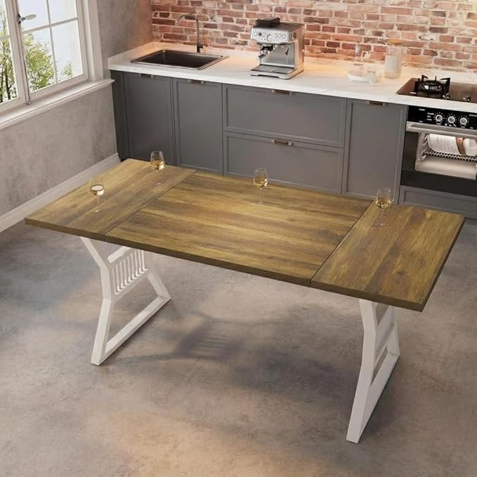 70.8 Inch Dining Table for 4-6 People, Farmhouse Wood Table with Metal Leg, Rectangle Kitchen Tables for Dining Room, Living Room, Conference Room, Breakroom, Walnut Color and White
