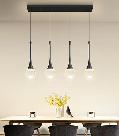 Rectangular Crystal Pendant Light for Kitchen Island 4 Light Dimmable Crystal Chandelier Lighting Fixtures with Remote for Dining Room Living Room Black