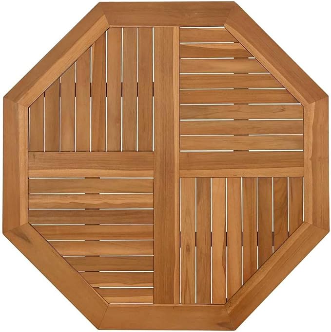 Octagonal Solid Teak Wood Table Top 35.4 in Outdoor Butcher Block Style, Oiled Brown Finish, Parasol Hole Ready for Dining or Standing Desk, Indoors & Patio Use