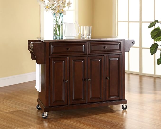 Crosley Furniture Full Size Stainless Steel Rolling Kitchen Island Storage Cart, Microwave Stand, Spice Rack, Mahogany