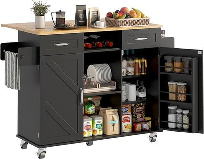 knoworld 51.5'' Rolling Kitchen Island with Storage Cabinet & Drawers, Drop Leaf Kitchen Cart on Wheels, Farmhouse Portable Mobile Islands, Large Butcher Block Table with Tower/Spice Rack, Black