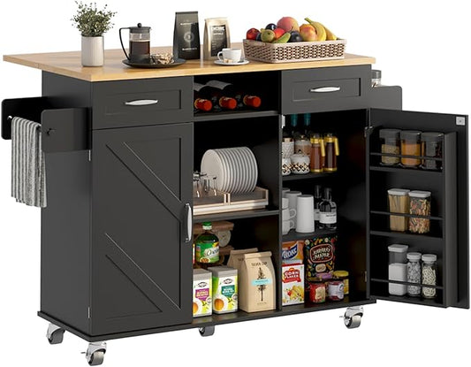 knoworld 51.5'' Rolling Kitchen Island with Storage Cabinet & Drawers, Drop Leaf Kitchen Cart on Wheels, Farmhouse Portable Mobile Islands, Large Butcher Block Table with Tower/Spice Rack, Black
