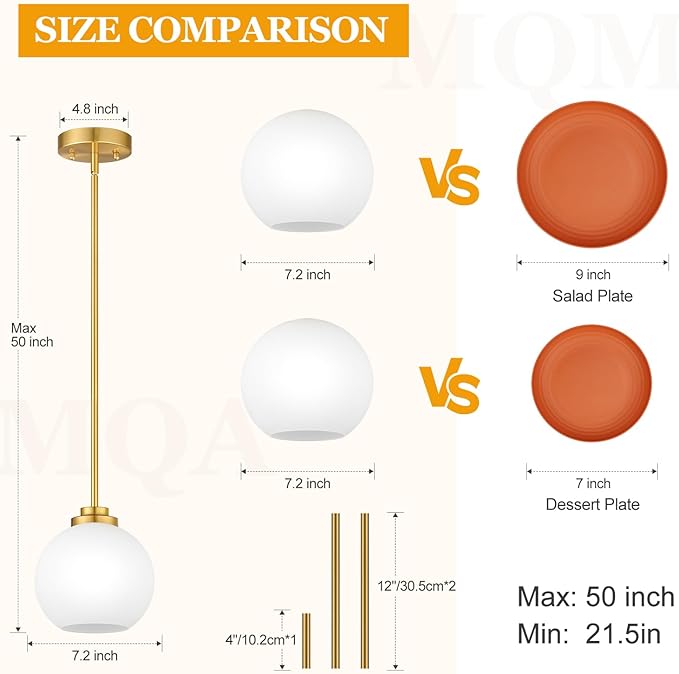 2 Pack 7.2-Inch Globe Pendant Lights, Mid Century Gold Pendant Light Fixtures, Globe Pendant Lights Kitchen Island with Milk Glass Shade Adjustable Hanging Fixture for Dining Room (Bulbs not Included)