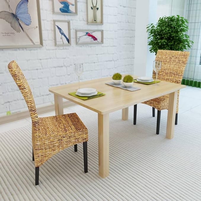 Dining Chair Set of 2 Brown Solid Mango Wood Frame with Hand Woven Abaca Basketweave Seat 19.7 x 18.5 x 38.2 in Tufted Cushion for Kitchen Dining Room Living Room Modern Farmhouse