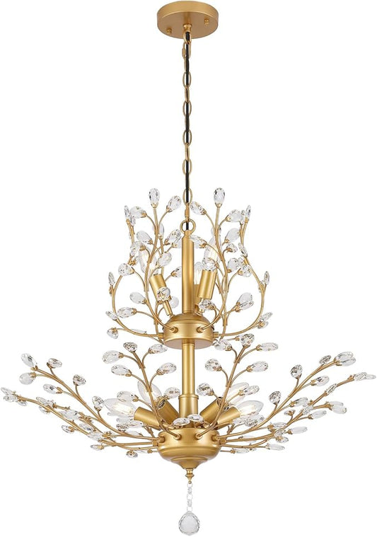 Gold Crystal Chandelier, Farmhouse 8-Light Large Branch Pendant Light with Adjustable Chain, 2-Tier Vintage Flower Ceiling Hanging Chandelier for Dining Room, Living Room, Kitchen, Hallway