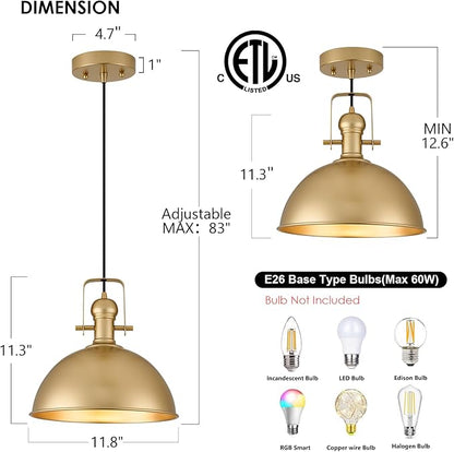 12 Inch Gold Farmhouse Pendant Lights Matte Pendant Lights for Kitchen Island Industrial Adjustable Height Vintage Dome Hanging Light Fixtures for Barn, Dining Room 3 Packs