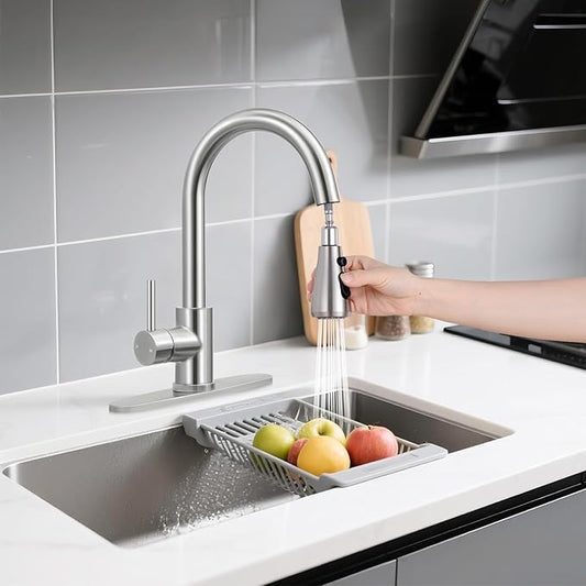 FGKQ Kitchen Faucet with Pull Down Sprayer,Kitchen Sink Faucet with Sprayer and Deck, Commercial Faucet for Kitchen Sink Stainless Steel,Single Handle, Suitable for RV/Bar Sink,Brushed Nickel