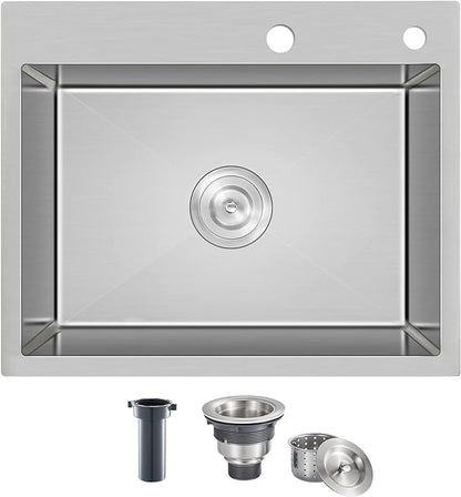 20 inch Drop-in Kitchen Sink Stainless Steel, T304 Topmount Kitchen Sink Single Bowl, 9-inch Deep Handmade Overmount Bar Sink with Strainer