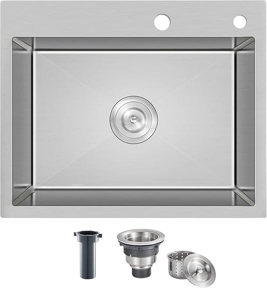 24x18 inch Drop in Kitchen Sink - Top mount Bar Sink Single Bowl, 9 inch Deep T304 Stainless Steel Sink Handmade with Strainer