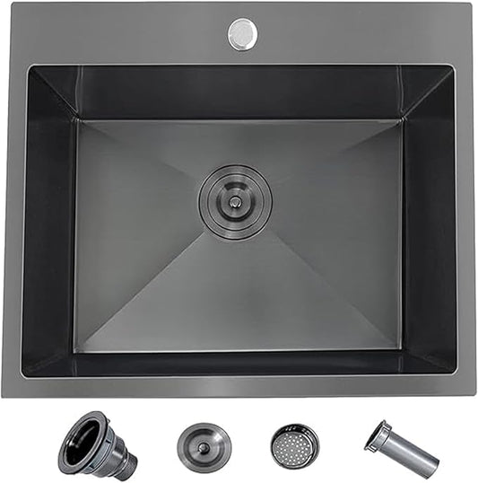 Black Drop In Kitchen Sink 25x22, Top Mount Gunmetal Black RV Laundry Utility Sink 16 Gauge Stainless Steel 8 Deep Single Bowl with Drain