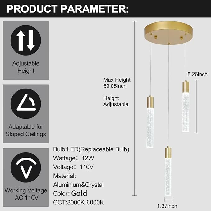 3 Light Pendant Lights Kitchen Island,Modern LED Bubble Crystal Pendants with Dimmable 3000K-6000K Ceiling Hanging Light Fixture for Dining Room Bedroom,Gold Finish,Adjustable Height 59"