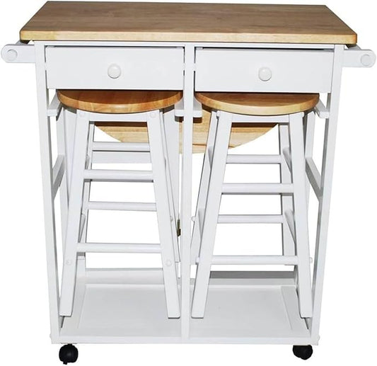 Drop Leaf Breakfast Cart White Solid Wood Kitchen Island Rolling Table with Two Stools Storage Shelves Expandable Compact Dining Prep Station Space Saving Versatile Furniture Locking Wheels
