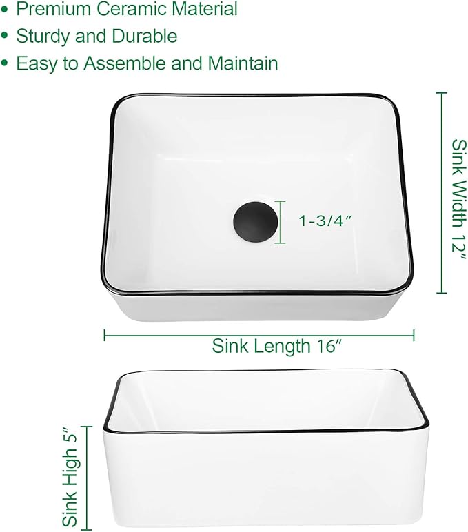 Modern 16" x 12" Rectangle Vessel Sink with Faucet, White Porcelain Above-Counter Bathroom Basin with Black Edge, Stylish Vanity Countertop Sink for Powder Room & Small Spaces