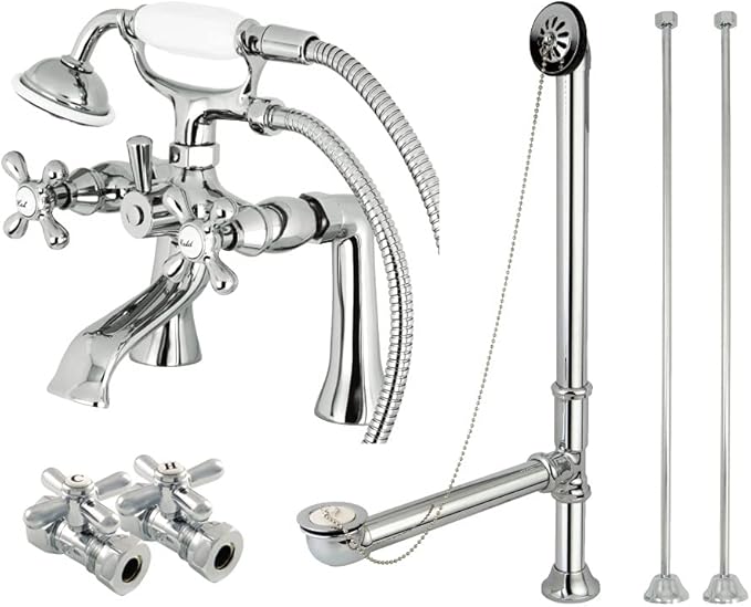 Kingston Brass CCK268C Vintage Deck Mount Clawfoot Tub Faucet Package with Supply Line, Hand Shower and Tub Drain, Polished Chrome