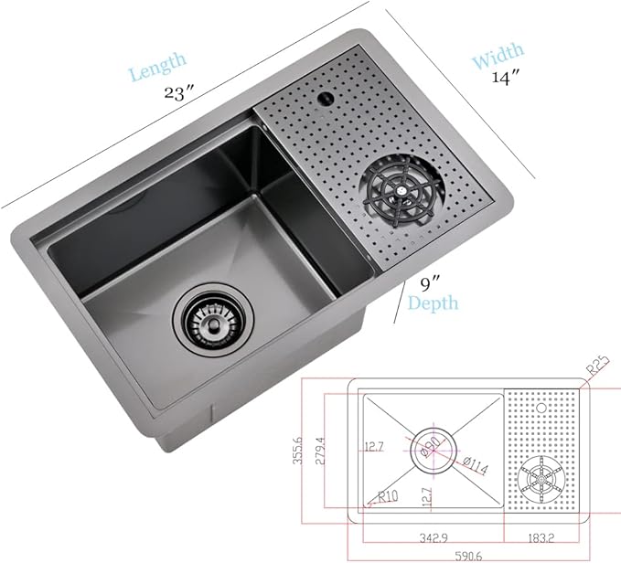 23 Inch Black Undermount Bar Sink with Glass Rinser-Bokaiya 23x14 Small Bar Sink Undermount Workstation Wet Bar Sinks 16 Gauge Black Stainless Steel Single Bowl Undermount Kitchen Sink