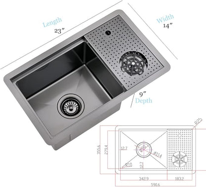 23 Inch Black Undermount Bar Sink with Glass Rinser-Bokaiya 23x14 Small Bar Sink Undermount Workstation Wet Bar Sinks 16 Gauge Black Stainless Steel Single Bowl Undermount Kitchen Sink