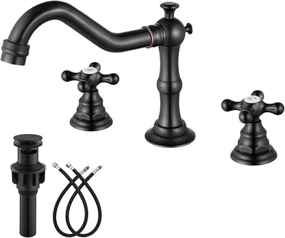 gotonovo Bathroom Faucet 3 Hole 8 Inch Widespread Bathroom Sink Faucet 2 Cross Handles Vintage Lavatory Vanity Mixer Tap with Pop Up Drain, H C Label, Oil Rubbed Bronze