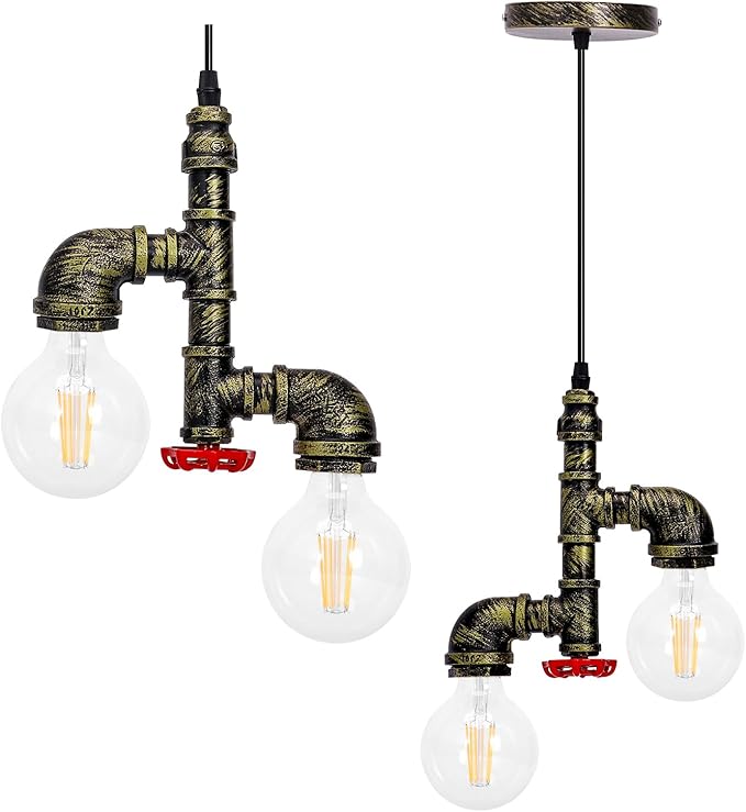 Kawell Vintage Pendant Light Fixtures Industrial Retro Ceiling Chandelier Creative Water Pipe Hanging Light Fixtures Art Deco Iron E26 60W Max for Bedroom Cafe Bar Restaurant Kitchen, Bronze Color