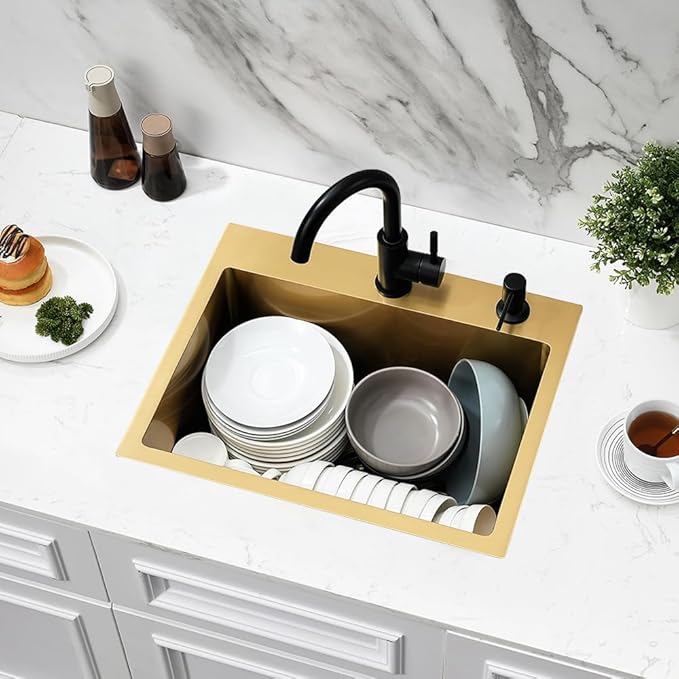 Gold Drop In Bar Sink,20x16 Top Mount Wet Bar Sink Single Bowl 16 Gauge Small Sink Stainless Steel Deep Basin