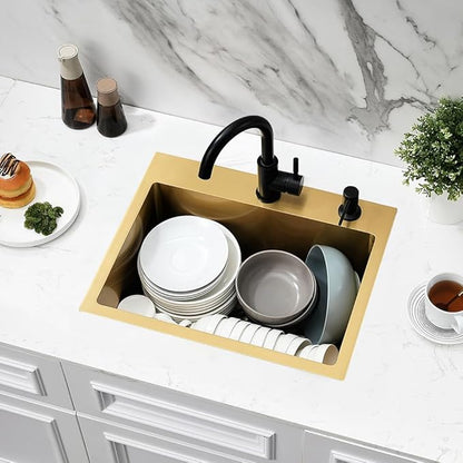 Gold Drop In Bar Sink,20x16 Top Mount Wet Bar Sink Single Bowl 16 Gauge Small Sink Stainless Steel Deep Basin
