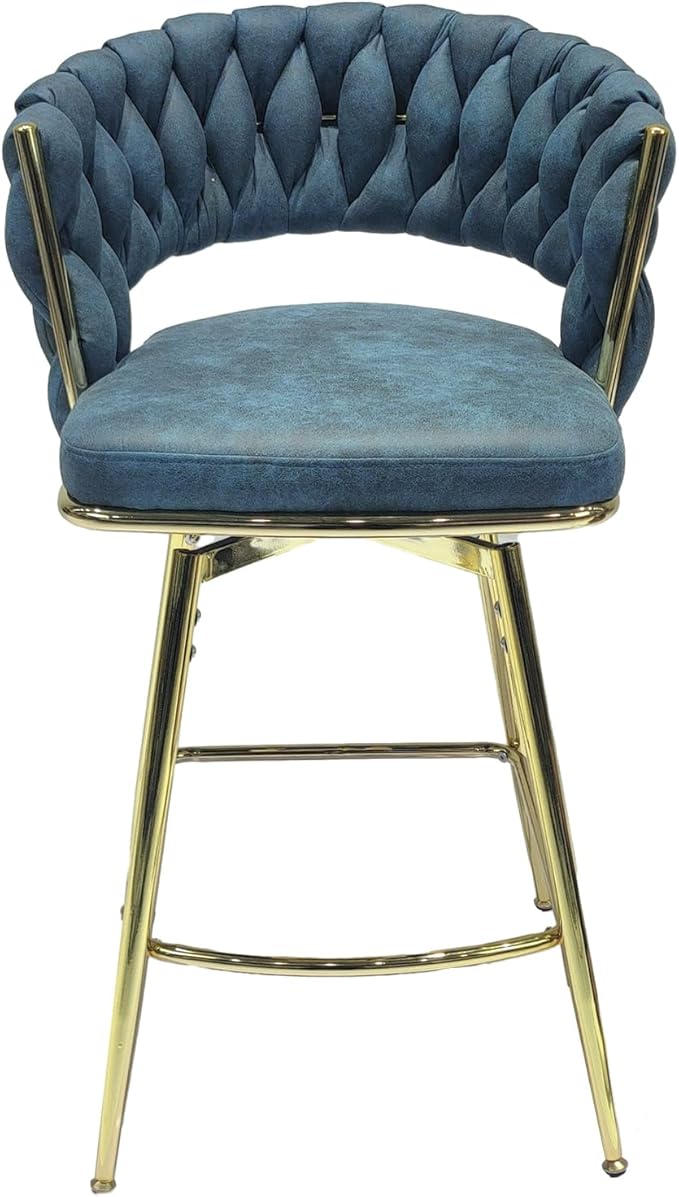 26" Bar Chair Suede Woven Bar Stool Set of 2,Golden Legs Bar stools No Adjustable Kitchen Island Chairs,360 Swivel Bar Stools Upholstered Bar Chair Counter Stool Arm Chairs with Back Footrest (Blue)