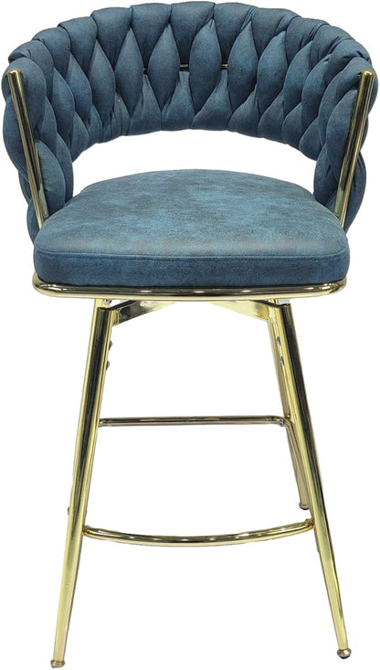 26" Bar Chair Suede Woven Bar Stool Set of 2,Golden Legs Bar stools No Adjustable Kitchen Island Chairs,360 Swivel Bar Stools Upholstered Bar Chair Counter Stool Arm Chairs with Back Footrest (Blue)