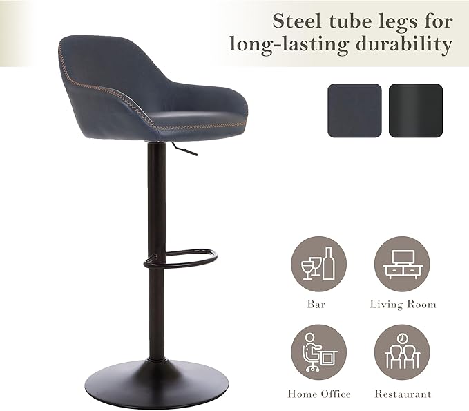 Glitzhome Bar Table and Chairs Set, Round Black Steel Pub Table with Soild Elm Wood Top and Bar Height Adjustable Swivel PU Leather Bar Stool for Breakfast Nook Living Room Small Space Restaurant