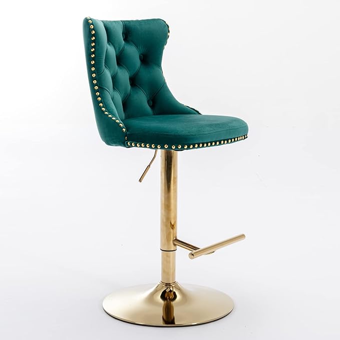 Rhomtree Velvet Swivel Bar Stools Upholstered Bar Stool with Button Tufted Back and Pull Ring Height Adjustable Barstools 25-33 Inch for Home Pub and Kitchen Island (Green with Gold Base, Set of 8)