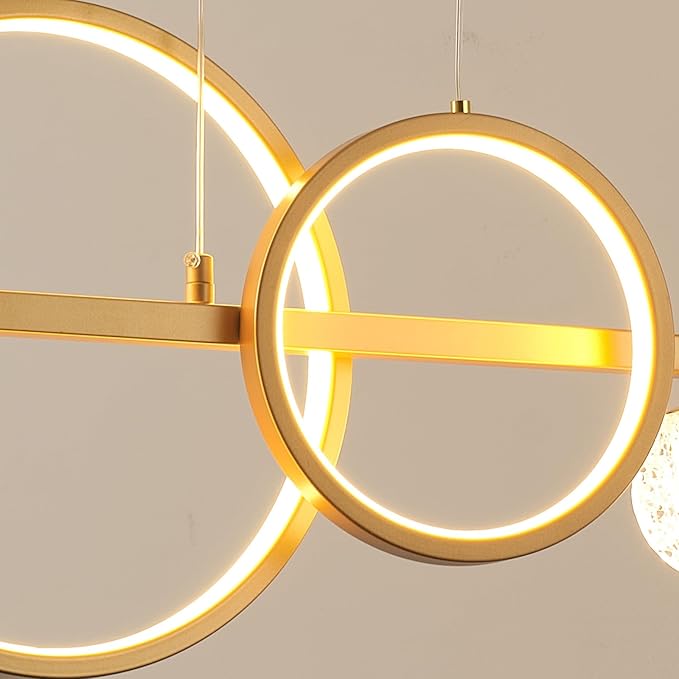 ORANOOR LED Gold Chandeliers for Dining Room, 47in Dimmable Modern Chandelier Gold Pendant Lights for Kitchen Island, Linear Ring Globe Pendant Light Fixtures Dining Room Lights Ceiling Hanging