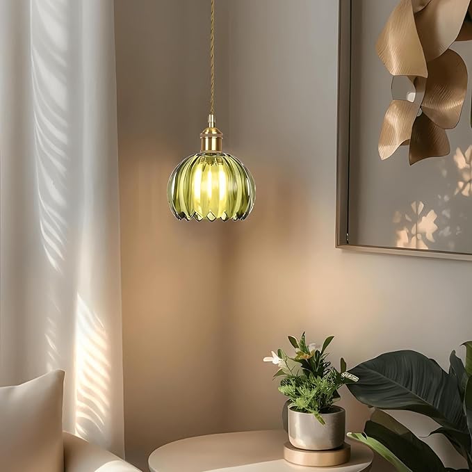 Mini Flower Glass Pendant Light Adjustable Hanging Lamp, Green Pendant Lights Kitchen Island Dining Room Hallway Bedroom Living Room, LED Bulb Included