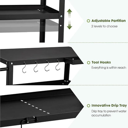 Outdoor Grill Cart Table,Indoor and Outdoor Pizza Oven Table,with 4 Movable Total Lock Casters, Hooks, Side Handle Multifunctional (Black) (Black)
