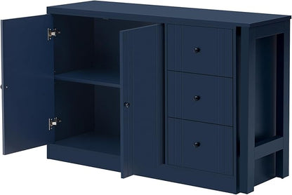 JIJIWANG 89.7'' Wooden Sideboard with Extendable Table,Multifunctional Storage Kitchen Island with 2 Doors and 3 Drawers,for Living Room,Study,Foyer and Kitchen, Navy Blue