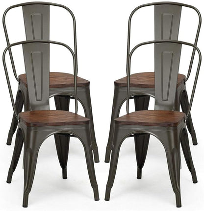 COSTWAY 18 Inch Dining Chair Set of 4, Industrial Vintage Stackable Metal Chairs, Counter Bar Chairs with High Backrest, Wood Seat, for Home, Kitchen and Cafe Bar Use