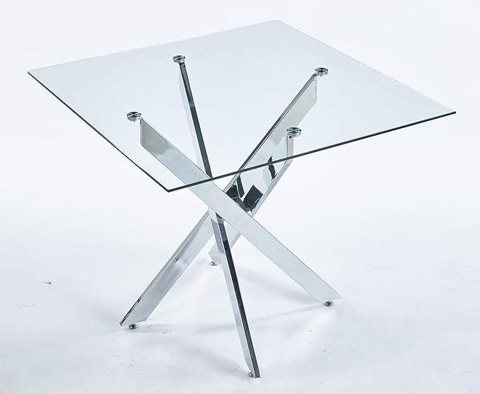 36" Square Dining Table for 2 3 4 People, Modern Dining Table with Silver Chrome Metal X-Shaped Legs, Small Glass Kitchen Tables Family Dinner Tables for Home Office Living Room