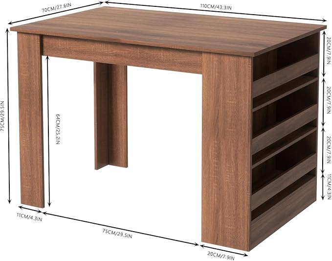 Homy Casa Industrial Dining Table, 43.3''Rectangular Kitchen Table, Farmhouse Bar Table with 3-Tier Storage Shelves for Home Dining Living Room, Brown