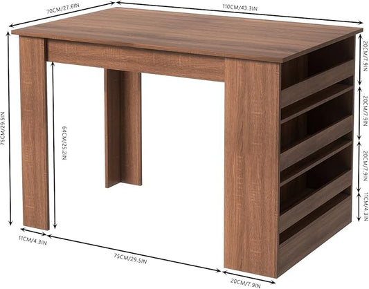 Homy Casa Industrial Dining Table, 43.3''Rectangular Kitchen Table, Farmhouse Bar Table with 3-Tier Storage Shelves for Home Dining Living Room, Brown