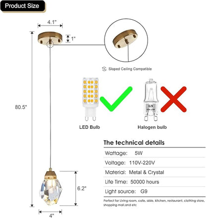 1-Light Diamond Crystal Pendant Light, Mini Ceiling Hanging Light in Gold Brushed Brass Finish Prism Crystal Color Changing Led Hanging Light for Kitchen Island Bathroom Bedroom Bar