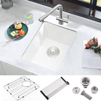 12 Inch Bar Sink Undermount White-iAnomla 12x15 Undermount Bar Sink White Quartz Composite Bar Prep Sink Small Single Bowl Mini Wet Bar Rv Kitchen Sinks with Bottom Grid