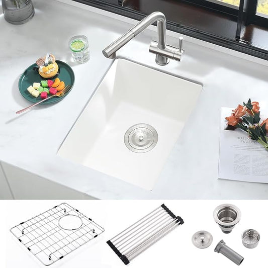 12 Inch Bar Sink Undermount White-iAnomla 12x15 Undermount Bar Sink White Quartz Composite Bar Prep Sink Small Single Bowl Mini Wet Bar Rv Kitchen Sinks with Bottom Grid