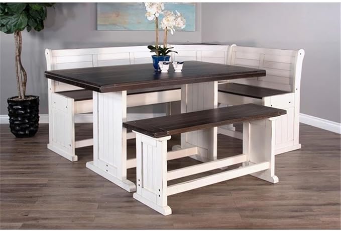 Pemberly Row Farmhouse Wood Kitchen Corner Counter Height Breakfast Dining Nook Set, Corner Conversation Booth Bench with Hidden Storage in White and Brown