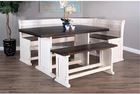 Pemberly Row Farmhouse Wood Kitchen Corner Counter Height Breakfast Dining Nook Set, Corner Conversation Booth Bench with Hidden Storage in White and Brown